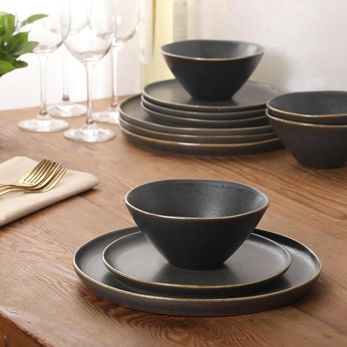 Gibson Elite Coastal Forest Plates and Bowls Sets, 12-Piece Stoneware Dinnerware Sets, Triple Reactive Glaze Dish Set - Black