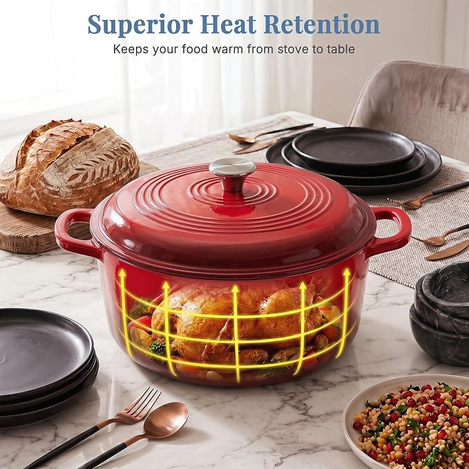 DUMOS Cast Iron Dutch Oven, 6 Quart Pot with Lid, Enameled Heavy Duty Cookware, Oven Safe to 500°F, Perfect for Bread Baking, Braising, Stews and Roasting, Moisture Sealing Lid with Dual Handles, Gradient Red