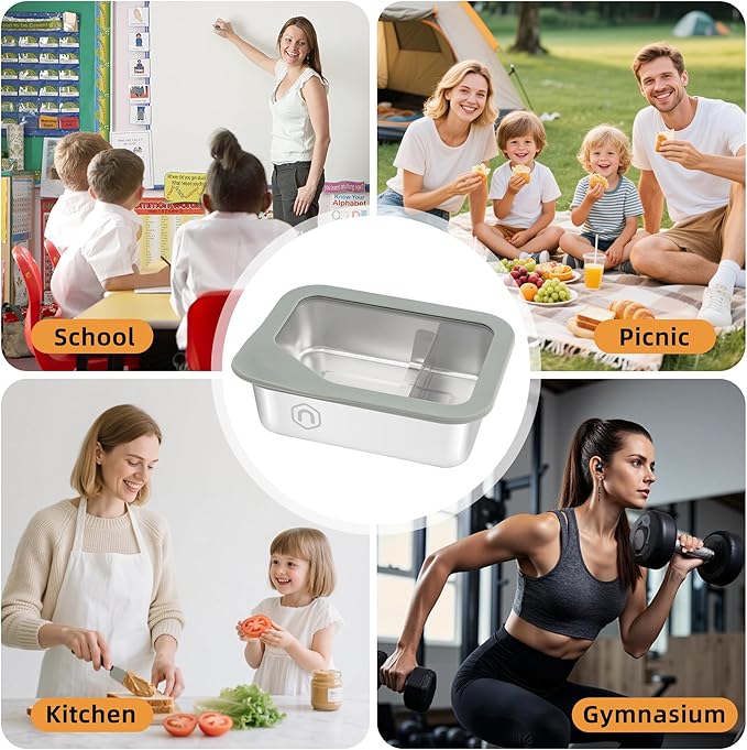 Stainless Steel Bento Box for Kids Adults, 1200ml/40oz with Removable Divider, Airtight Leak Proof Glass Lid, Freezer & Dishwasher Safe Lunch Box (40.58oz)