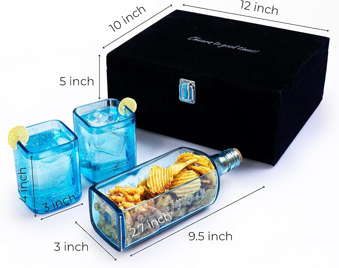 Upcycled Bombay Sapphire Gin Glasses and Platter Set of 3 with Premium Gift Box | Eco-friendly Glasses for Drinks, upcycled from Gin bottles | Ideal for Gin, Whiskey, Cocktail Nibbles and Finger Food