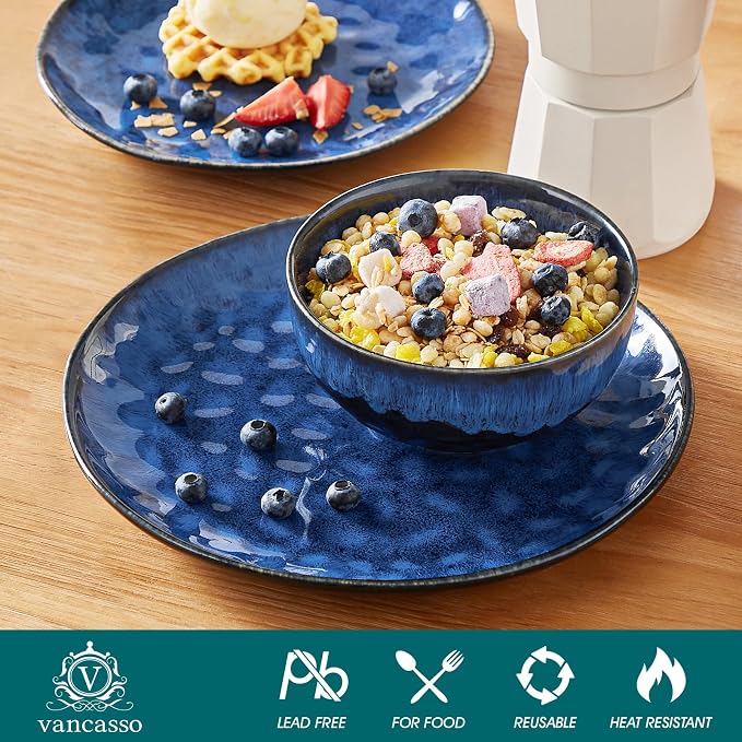 vancasso Starry Dinnerware Set for 4, Handmade Reactive Glaze Stoneware 12 Pieces Plates and Bowls Sets, Dishwasher and Microwave Safe Dish Set, Blue