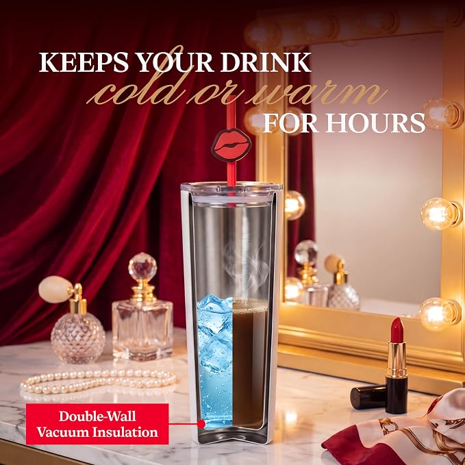 Dragon Glassware x Marilyn Monroe 100th Celebration Tumbler, 24oz - Glamour | Vacuum Insulated Stainless Steel Tumbler with Straw & Lid; Double Walled Tumbler with Straw Charm; Marilyn Monroe Cup
