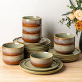 TheTerra Ceramic Dinnerware Sets for 8, 24 Pieces Handmade Reactive Glaze Plates and Bowls Set, Scratch Resistant Dish Set, Oven & Microwave & Dishwasher Safe, Sage Umber