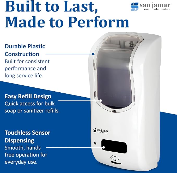 San Jamar Hybrid Soap Dispenser – 875ml Dual Manual Touchless Mode Liquid Dispenser, Adjustable Portioning, Multi-Surface Install for Bathroom or Commercial Use, White/Clear