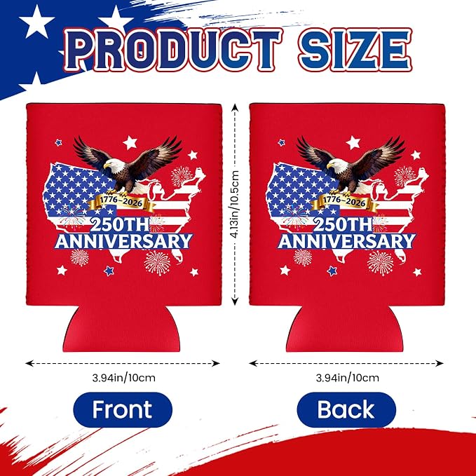 4th of July 250th Anniversary Can Cooler Sleeves 12 Pack American Patriotic Insulated Neoprene Drink Holder for Memorial Day Fourth of July Accessories Party Favors