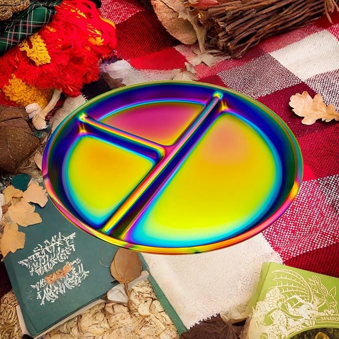 12-Piece Stainless Steel Rainbow Dinnerware Set for 4 | Unbreakable Reusable, Divided Plates Bowls Cups, Round, Dishwasher Safe, For Kitchen Camping Picnic RV