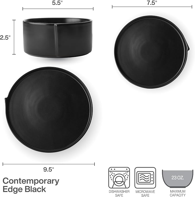 Pfaltzgraff Contemporary Edge 12 Piece Stoneware Dinnerware Set, Service for 4, Plate and Bowls with High Rims for Everyday use, Black