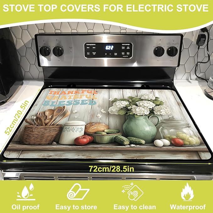 Glass Stove top Cover 28"x 20", Stove Top Covers for Electric Stove, Flat Range Mat for Glass Cooktop, Kitchen Heat-Resistant Protector Non-Slip Drying Mat (Thankful Gratefu Blessed)