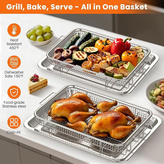 304 Stainless Steel Air Fryer Basket for Oven 2 Pack Crisper Tray Mesh Set | 2 sizes fit 16 wings/6 burgers, compatible with Frigidaire/Samsung oven, 304 steel non-stick mesh, dishwasher safe, 60 papers