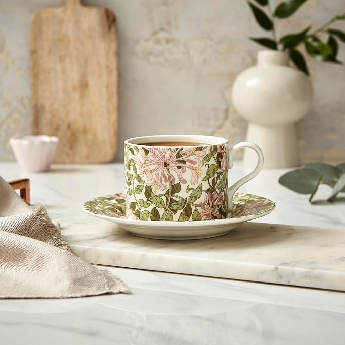 Spode Morris & Co 8.5oz Teacup & Saucer - Honeysuckle| Porcelain | Microwave & Dishwasher Safe | Novelty Cup for Coffee, Tea, Hot Choco - Elegant for Brunch, Parties, Breakfast
