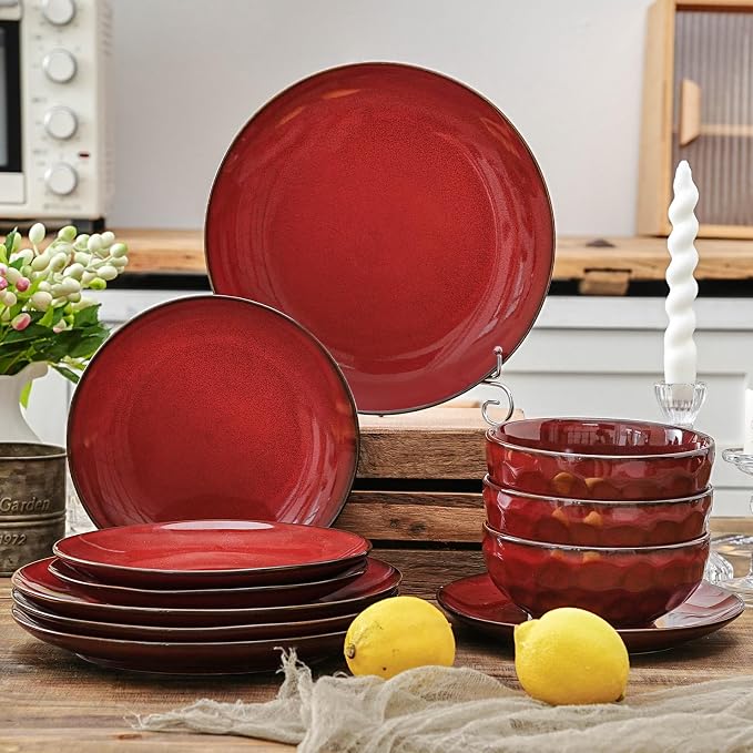 Vicrays 12-Piece Ceramic Dinnerware Set, Dinner Plates, Salad Plates & Cereal Bowls, Dish Set for 4, Microwave, Oven & Dishwasher Safe, Scratch Resistant, Cherry Red