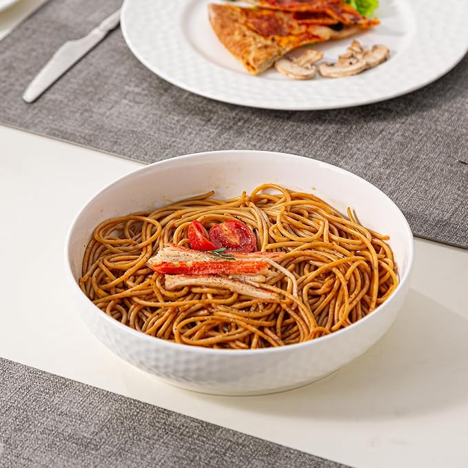 16-Piece Ceramic Dinnerware Set for 4, Water Cube Texture Dishes and Plates Sets, Includes Deep Pasta Bowls, Plates and Bowls, Minimalist High-Temperature Reinforced Porcelain, White