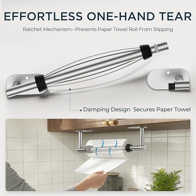 FORIOUS Paper Towel Holder Under Cabinet, One Hand Operable with Ratchet System for Easy Tear, Adhesive or Drill Wall Mount, SUS304 Commercial Paper Towel Holder for Kitchen Bathroom, Sliver