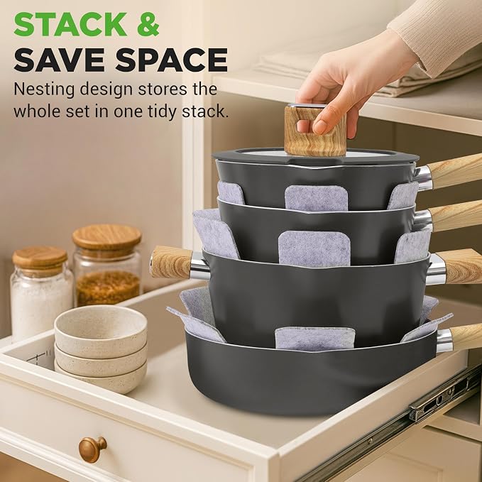 NutriChef 14 Pcs Nonstick Ceramic Cookware Set - Induction Safe Pots and Pans with Glass Lids, Cool-Touch Handles, Even Heat Distribution, Dishwasher Safe, Includes Spatula, Ladle, Tong -Black