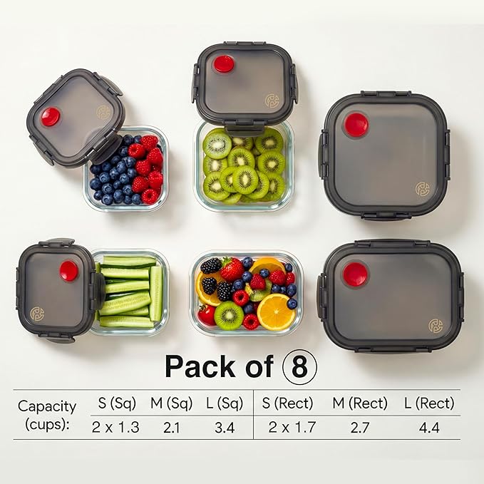 Borosilicate Glass Airtight Food Storage Containers with Vented Lids, Assorted Set of 8 (4 Rectangular & 4 Square)