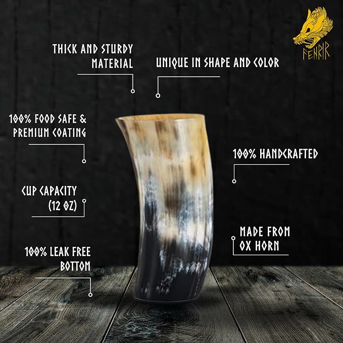 FENRIR Viking Drinking Horn Mug Set of 4 – Gifts for Men, Dad, Husband – Unique Viking Gift – Natural Ox Horn Cup with Opener – For Beer, Ale, Mead (12-13 Oz/Glass)