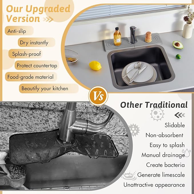 Diatomite Sink Faucet Splash Guard U Shape, 16" Large Stone Sink Tray, Mordern Faucet Handle Drip Catcher Stone, Durable Faucet Draining Mat Protector for Kitchen Bathroom Island Counter, Light Grey