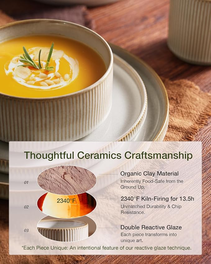 Famiware Star Dinnerware Set with Pasta Bowls, Service for 4 (16pcs), Ribbed Stoneware Plates and Double Bowls Dishes Sets - Chip & Scratch Resistant, Microwave & Dishwasher Safe, Cappuccino White