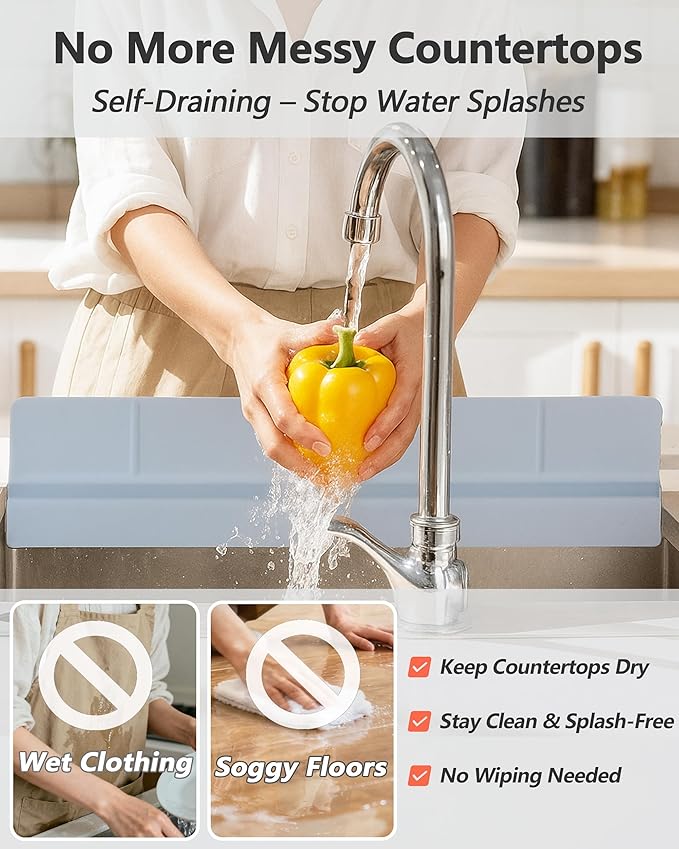 Kitchen Sink Splash Guard 30" 23" 18" Self-Draining Silicone Water Guard with High Splash Wall & Strong Suction Cups for Faucet, Countertop & Sink Edge, Keeps Sinks Dry, Dishwasher Safe, Grey