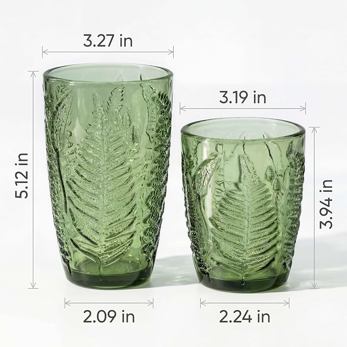 Green Drinking Glasses Mixed Set of 8, 12 oz Highball & 10 oz Lowball Hand-Pressed Glass Cups, Fern Embossed Textured Tumblers, Colored Vintage Glassware for Water, Cocktails, Juice, Housewarming Gift