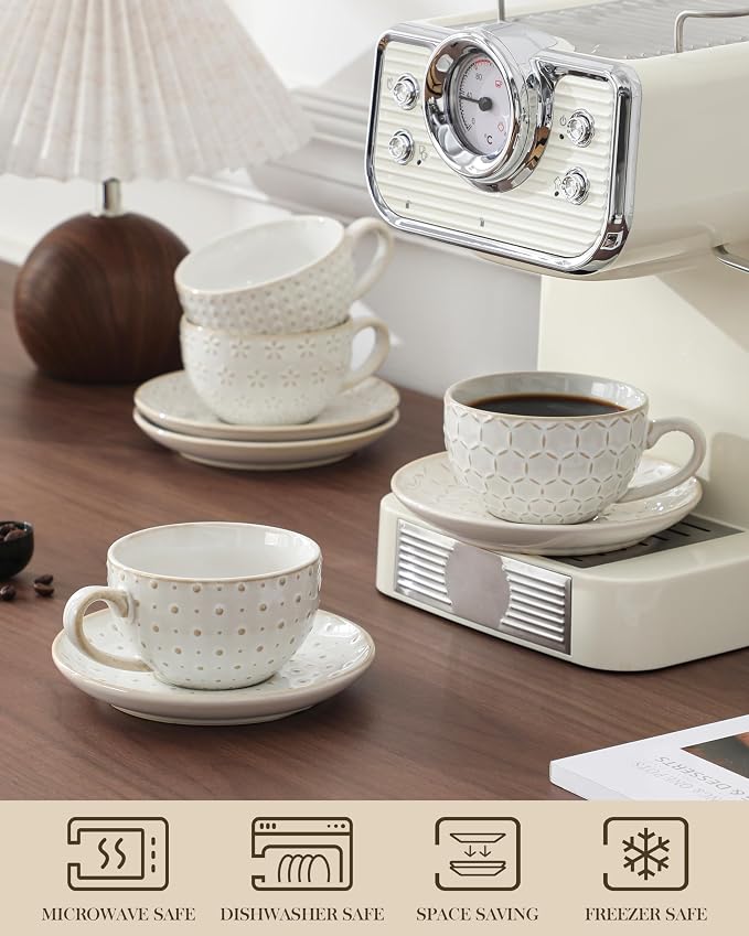 MALACASA 8 OZ Cappuccino Cups with Saucers Set of 4 - Ceramic Stackable Tea Cups and Saucers, Embossment Coffee Mugs for Tea, Latte and Mocha, Dishwasher Safe, Arctic white, LYDIA Series