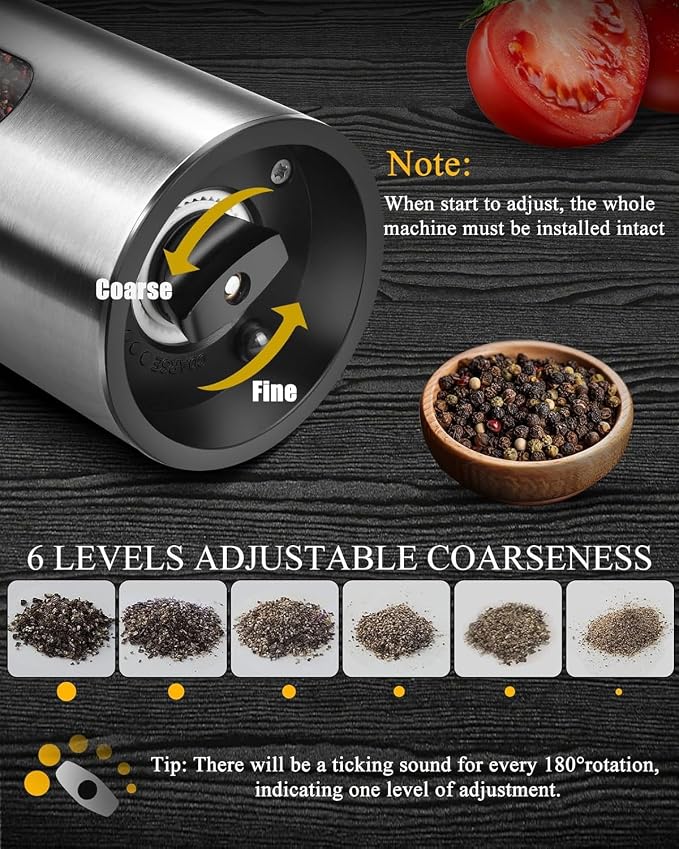 Electric Salt and Pepper Grinder Set with Rechargeable Base - Upgraded Large Capacity, Refillable Pepper Mill Set with LED Light & Adjustable Coarseness, Ideal for Kitchen, Outdoor (Light Silver)