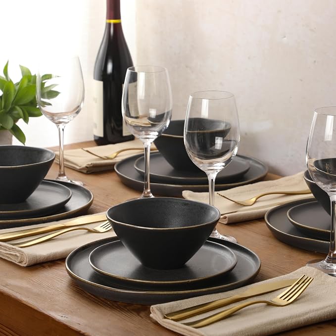 Gibson Elite Coastal Forest Plates and Bowls Sets, 12-Piece Stoneware Dinnerware Sets, Triple Reactive Glaze Dish Set - Black