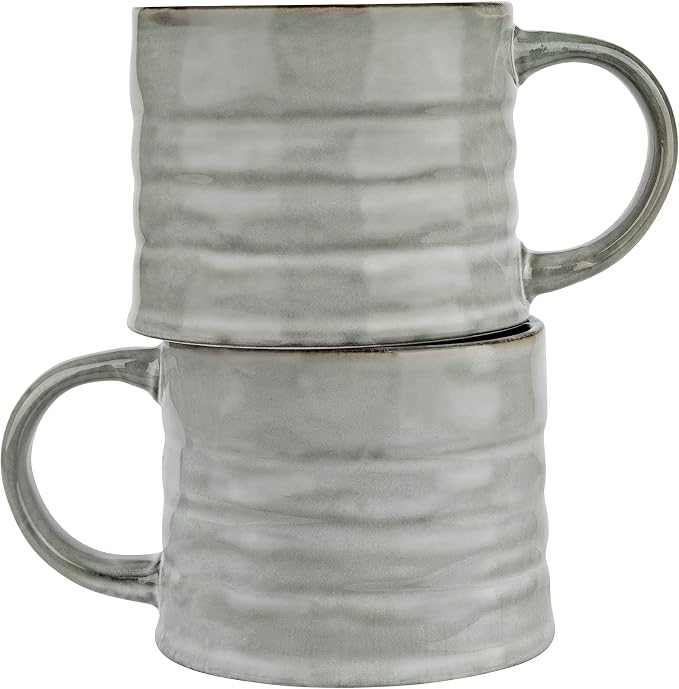 KooK Glazed Coffee Mugs, Ceramic, Microwave & Dishwasher Safe, 13 oz, Java/Slate Lined, Set of 2