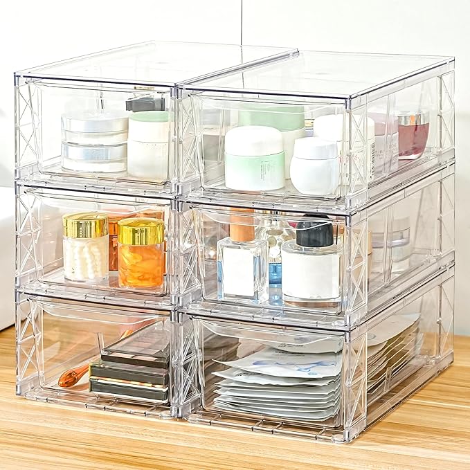 Plastic Drawers Storage, 6Pack Clear Stackable Storage Drawers, Acrylic Storage Bins with Drawers for Fridge Organizers, PlasticDrawers Stackable for Makeup Organizers Cosmetic Display, Medium