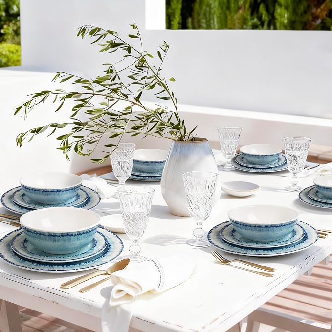 AELS Melamine Dinnerware Set of 18 Pcs Dinner Dishes Set, Lightweight Unbreakable for Indoor and Outdoor Use, BPA Free, Dishwasher Safe, Light Blue