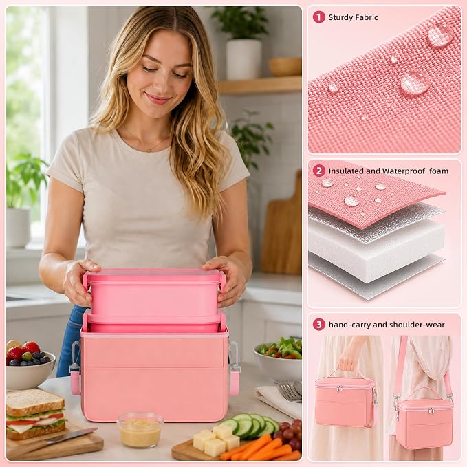 Adults Lunchbox Bento Box with Lunch Bag- 74 OZ All-in-One Stackable Lunch Box for Adults Kids Women Men Leakproof Bento Large Lunch Box Containers with Fork Spoon Sauce Box for Work School (Pink)