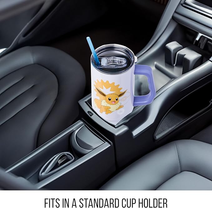 Silver Buffalo Pokémon Eevee Stainless Steel Tumbler with Handle, 40oz | Double-walled insulation, fits standard cup holder, secure lid with straw, travel friendly
