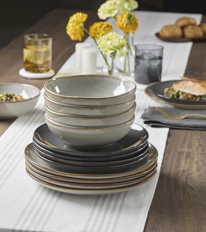 Oneida Dinnerware Sets, Organic Shades Gray 12-Piece Dinnerware Set, Set for 4, Service For 4, Stoneware Material, Dishwasher and Microwave Safe, Plates And Bowls, Dinner Dishes, Home (Gray, 12 Piece)