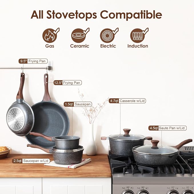 SENSARTE Nonstick Cookware Set 16-Piece, Healthy Pots and Pans Set, Non-stick Kitchen Cooking Set with Stay-Cool Handles, Silicone Utensils and Pot Protectors, PFOA Free