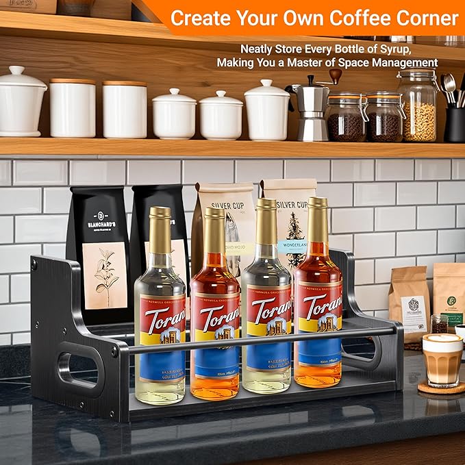 YQBRAO 2-Tier Liquor Bottle Display Shelf, Coffee Syrup Rack Organizer, Water Bottle Organizer, Mini Bar Cabinet, Rustic Bar Shelves for Liquor Whiskey, Spirits（Black）