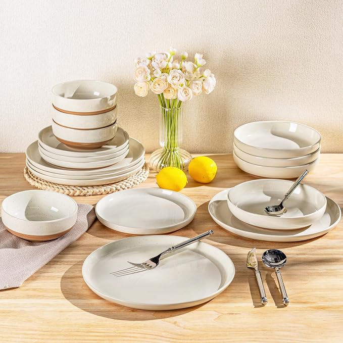 AmorArc Ceramic Dinnerware Sets for 6, 18 Pieces Handpainted Plates and Bowls Set with Rustic Terracotta Underside, Scratch Resistant Stoneware Dishes Set, Dishwasher & Microwave Safe,Light Beige