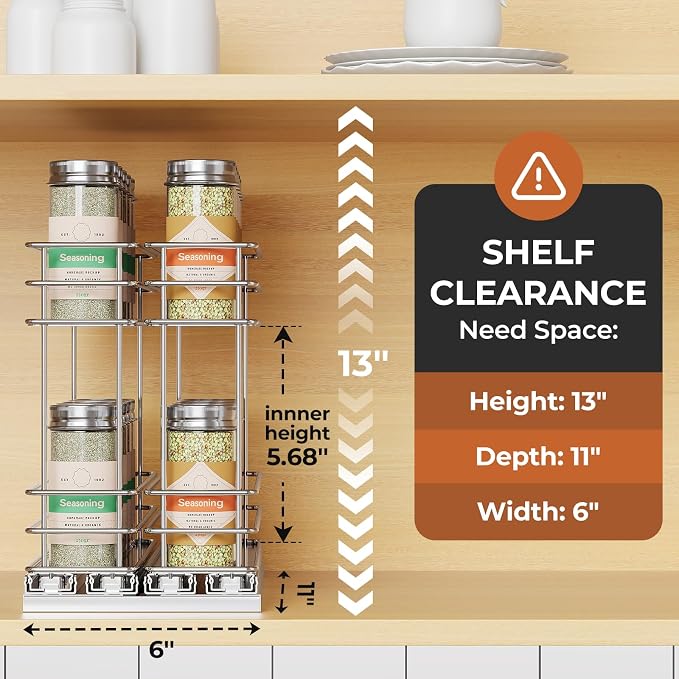 Mystozer Pull Out Spice Rack Organizer for Cabinet, Slide Out Spice Racks, Easy to Install Spice Cabinet Organizers, 5.28" Wx10.43 Dx8.26 H, 2 Drawers 2 Tiers(Silver)
