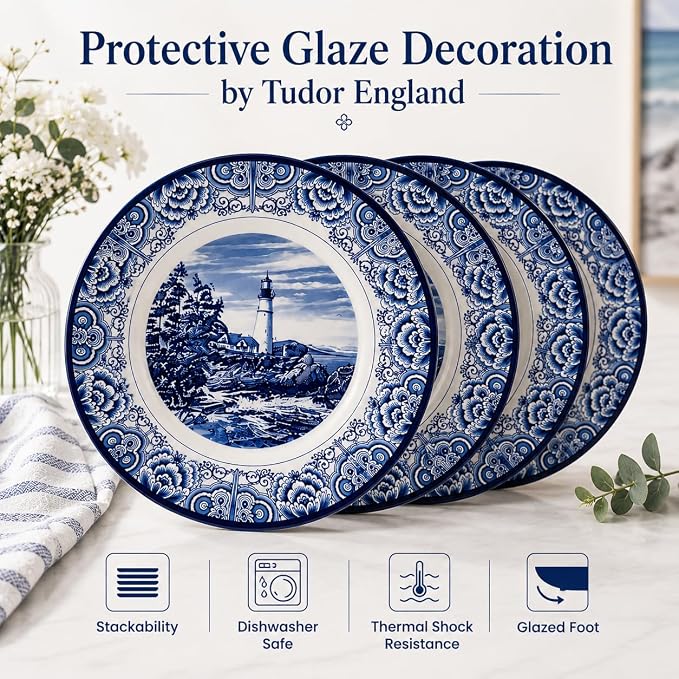 Tudor Royal 12-Piece Round Porcelain Dinnerware Set, Service for 4 - Light House Dark Blue Design, Plates Bowls Dishes, Premium Quality Tableware, Unique Pattern, Glossy