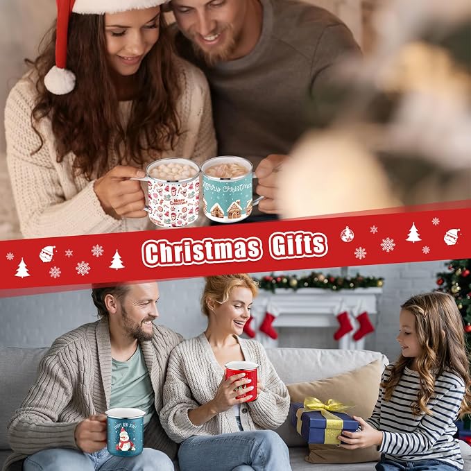 Sliner 16 Pcs Christmas Enamel Mugs, 12 oz Coffee Mugs Bulk Hot Chocolate Mug Set Cute Enamel Tea Cups Winter Holiday Christmas Employee Gift for Family Coworkers (Classic Style)