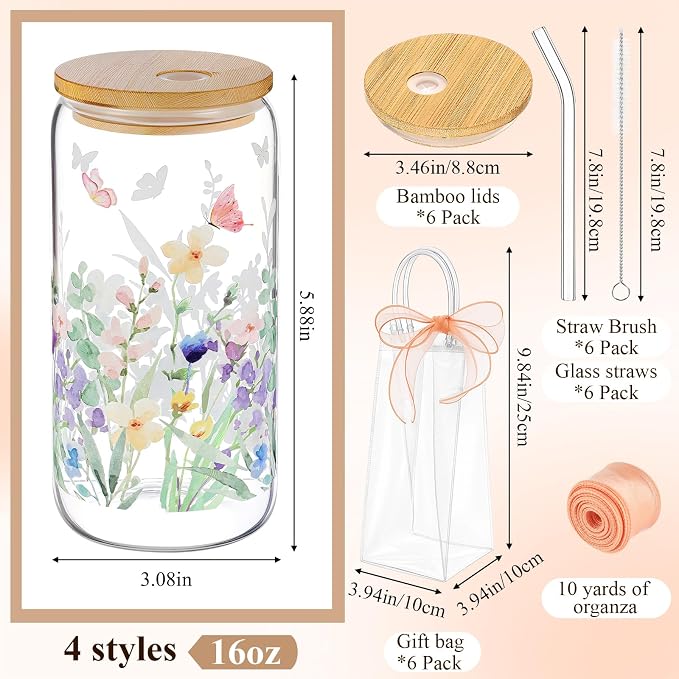 Mumufy 6 Sets Wildflower Glass Cups with Clear Gift Bag 16 oz Reusable Pink Iced Coffee Mugs Aesthetic Cute Tumbler with Lids and Straws, Gifts for Girls Women Bridesmaid
