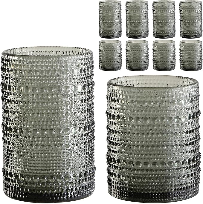 ZMOWIPDL Vintage Hobnail Drinking Glasses Set of 8,Grey 12 oz & 15oz Highball Glass Cups, Kitchen Drinkware Glassware,Embossed Water Tumbler,for Beer,Cocktail,Whiskey,Juice and Various Mixed Drinks