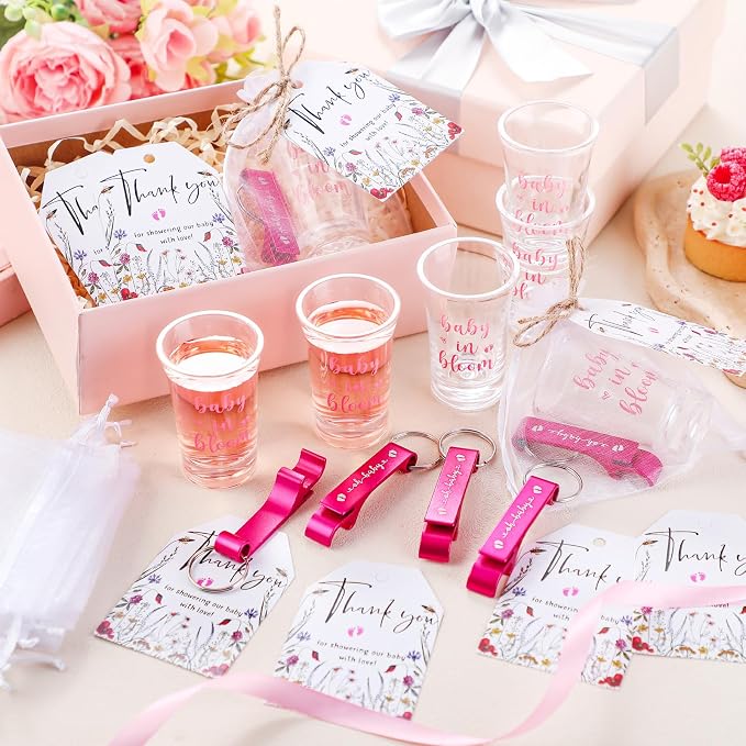 50 Sets Baby Shower Favor for Guests Acrylic Shot Glasses with Bottle Opener Keychains Thank You Tags and Bags Gender Reveal Party Favors for Guest Baby Shower Return Gift(Bloom)