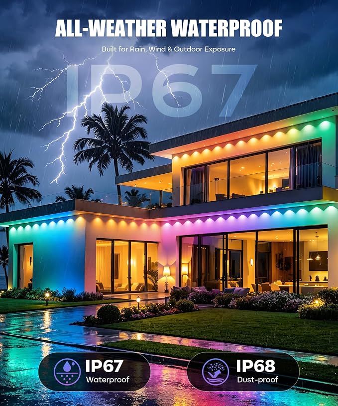 POOFZY Permanent Outdoor Lights 100FT, RGBIC Smart Outdoor Lights for House, App & Voice Control, Waterproof Outdoor Eave Lights for Christmas Holiday Patio Yard Decor