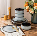 LeRATIO Ceramic Dinnerware Set of 4, Poreclain Plates, Bowls, Handmade Reactive Glaze Dishes, Chip Resistant, Oven & Dishwasher Safe, Service for 4-Gray White