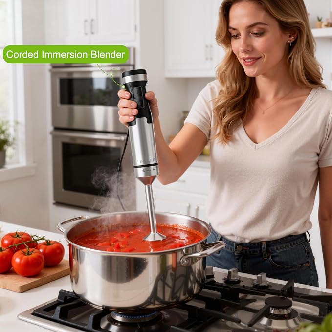 1200W Immersion Blender Handheld, 5-in-1 Variable Speed Emulsifier Hand Blender Stick with Whisk Chopper Milk Frother Mixing Cup and Storage Rack for Kitchen Soup, Purees, Baby Food and Smoothies