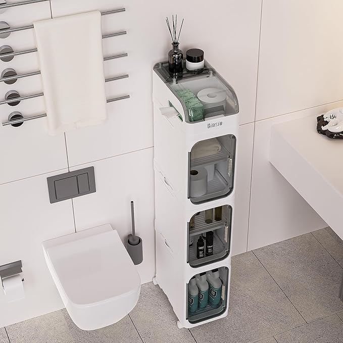 BINSIO 4-Tiers Toilet Paper Storage, Slim Bathroom Organizers and Storage, Bathroom Counter Organizer, Bathroom Organizer Storage Cabinet, Portable Laundry Room Organization, Plastic White Clear Doors