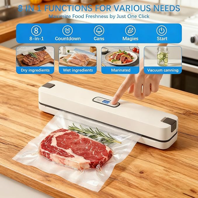 ROOM127 Vacuum Sealer Machine, Easy to Use Compact Food Sealer for Home Kitchen Storage & Meal Prep, 60kPa Automatic Dry & Wet Modes for Meat & Fresh Food, 20 Starter Bags Included White