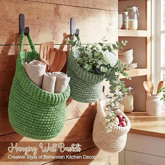 Honeydak Boho Decor Hanging Wall Baskets for Kitchen 3 Pack Teardrop Baskets with Hooks Storage Fruit Onion Vegetable Potato for Home 3 Sizes(Sage Color Palette,Barrel,Cotton Rope)
