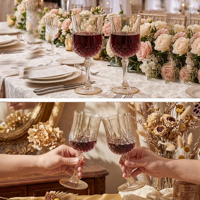 Sliner 48 Pcs 7oz Plastic Vintage Wine Glasses Drinking Goblets Unbreakable Crystal Water Glassware Reusable Diamond Champagne Flutes Cups for Wedding Banquet Birthday Party Supplies (Gold Glitter)