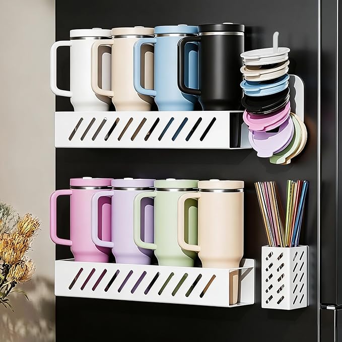 Magnetic Stanley Cup Holder, 2-Pack Water Bottle Organizer with Tumbler Lid & Straw Holder for 8 Stanley 30/40 oz Tumblers - Stores Cup Accessories on Refrigerator or Iron Surfaces, Removable- White